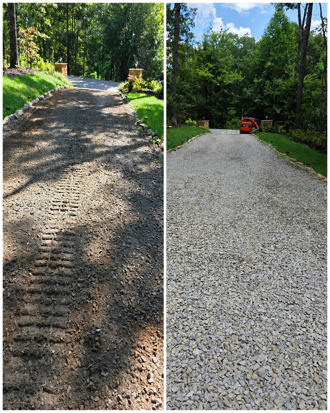 Before and after gravel driveway repair and reconditioning by Skid & Stone