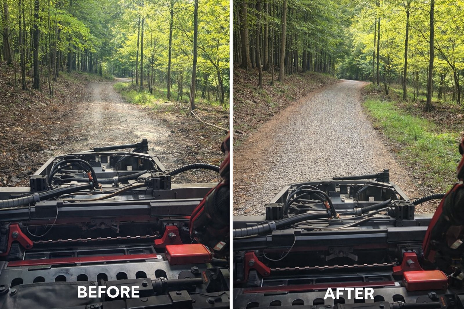 Before and after gravel driveway repair by Skid & Stone in North Georgia